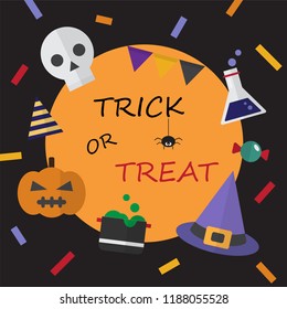 Halloween trick or treat banner set with elements in flat design icons, template for invitation party, banner, cover or greeting cards. Place for your text.