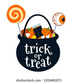 Halloween trick or treat black cauldron bucket full of candy vector cartoon illustration isolated on white. Lollipops, candy corn, candy pumpkins. Fall Halloween treats for children design element. 