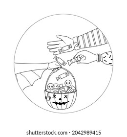 Halloween trick or treat. Black outline on white, hands, pumpkin and candy