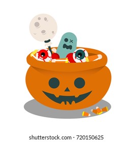 Halloween Trick or Treat Bowl. Bowl of halloween for trick or treat icon and candy, lollipop in flat design.