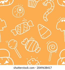 Halloween Trick or Treat candies seamless pattern, Hand drawn cute cartoon style.