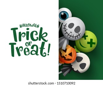 Halloween trick or treat candy vector background template. Halloween trick or treat text in white empty space and scary candies halloween cover of ghost, pumpkins and ghost in white background.