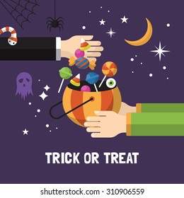 Halloween Trick Or Treat Card Design. Vector Illustration