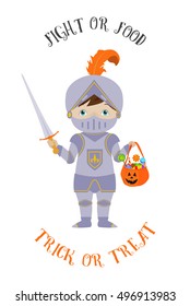 Halloween trick or treat cartoon vector card with cute boy in knight costume