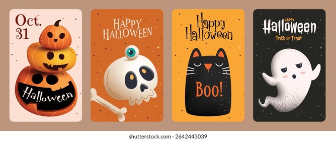 Halloween trick or treat clipart poster set. Happy Halloween greeting and invitation card flyer clip art with pumpkin, skull, cat and ghost character elements in classic retro background collection 