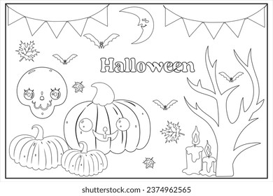 Halloween Trick or Treat coloring page. Halloween coloring page for children. Dracula, pumpkin, bat, zombie, tree Halloween elements