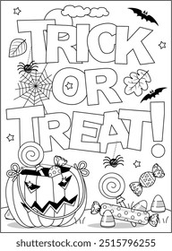 Halloween "Trick or treat!" coloring page, poster, sign or banner black and white activity sheet 
