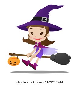 Halloween trick or treat concept, Cute little witch girl riding a broom, Cartoon vector illustration