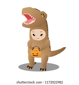 Halloween trick or treat concept, A little dinosaur costume is holding pumpkin, Cartoon vector illustration