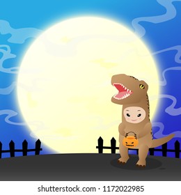 Halloween trick or treat concept, A little dinosaur costume is holding pumpkin on blue background with a full moon, Cartoon vector illustration