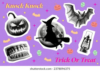 halloween trick or treat concept template design set with pumpkin witch bat jaw lamp vector y2k shapes retro grunge halftone collage element