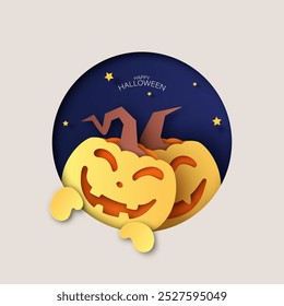 Truco o trato de Halloween con la calabaza linda, feliz, divertida, espeluznante y aterradora. Feliz Halloween. corte de papel y estilo artesanal. Vector, ilustración.