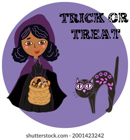 Halloween, trick or treat, cute witch, girl, basket with sweets, black, child, mexican cat, cartoon, magic, cute, autumn colors, halloween.