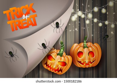 Halloween trick or treat design. Pumpkin heads on wood board plant background. Vector illustration.