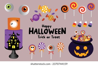 Diseño de conjunto vectorial de trucos o elementos de tratamiento de Halloween. Felices caramelos de halloween, lollipop, ojos, linternas y elementos de colección de caldero de brujas. Colección de elementos estacionales de ilustración de vector.
