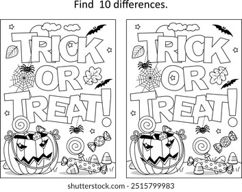 Halloween "Trick or treat!" find the differences picture puzzle and coloring page
