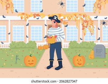 Halloween trick or treat flat color vector illustration. Celebrating autumnal holiday. Person with candies. Man in pirate costume 2D cartoon character with decorated home exterior on background