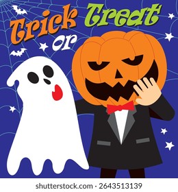 Halloween Trick or Treat with a Ghost and Pumpkin Head Character