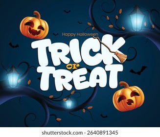 Halloween Trick or Treat greeting card clipart design. Trick or Treat text in blue scary night trees background clip art with cute pumpkin, lamp and flying bats elements for horror party poster card 