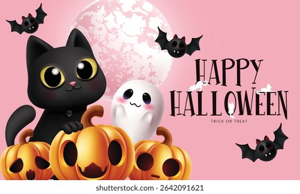 Halloween trick or treat greeting clipart banner. Happy Halloween greeting text clip art with cute pumpkins, cat, ghost and flying bats characters in pink background for horror party invitation card 