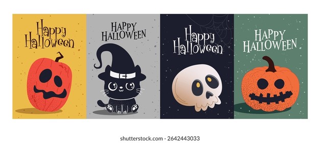 Halloween trick or treat greeting clipart poster set. Happy Halloween invitation card flyers clip art with pumpkin, cat and skull classic style elements in retro spooky background collection vector 