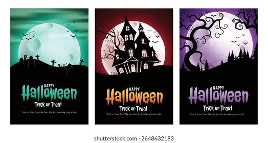 Halloween truque ou tratar saudação clipart poster conjunto. Feliz Dia das Bruxas cartão de convite assustador com lua cheia, castelo assombrado e noite cemitério fundo clip arte coleção vetor ilustração.  
