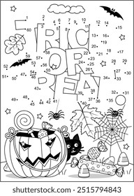 Halloween "¡Truco o trato!" saludo punto a punto rompecabezas de imágenes y página para colorear, cartel, signo o Anuncio hoja de actividad en blanco y negro 
