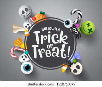 Halloween trick or treat greeting vector background template. Halloween trick or treat text in black circle with empty space for message and sweet candies elements in gray background. 