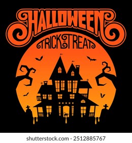 Halloween trick or treat groovy lettering with haunted house, bats, spooky trees and tombstones on orange moon. Vector illustration for poster, banner, flyer.