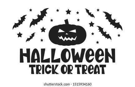 Halloween. Trick or treat. Happy Halloween holiday party. Celebrate annual in October 31. Scary face pumpkin, bats, air balloons. Autumn, fall season. Poster, greeting card, banner, background. Vector