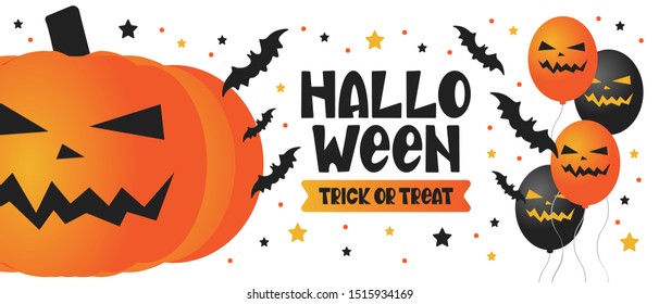 Halloween. Trick or treat. Happy Halloween holiday party. Celebrate annual in October 31. Scary face pumpkin, bats, air balloons. Autumn, fall season. Poster, greeting card, banner, background. Vector