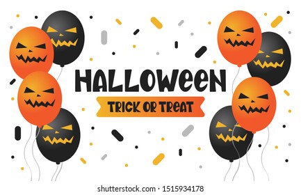 Halloween. Trick or treat. Happy Halloween holiday party. Celebrate annual in October 31. Scary face pumpkin, bats, air balloons. Autumn, fall season. Poster, greeting card, banner, background. Vector