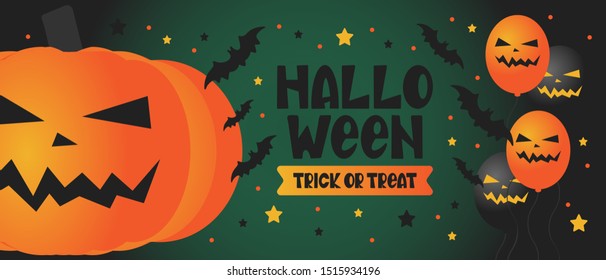 Halloween. Trick or treat. Happy Halloween holiday party. Celebrate annual in October 31. Scary face pumpkin, bats, air balloons. Autumn, fall season. Poster, greeting card, banner, background. Vector