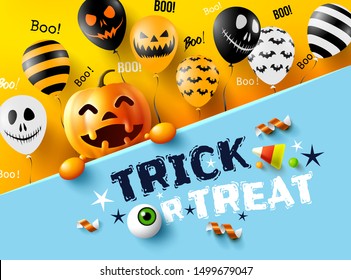 Rallye d'Halloween ou réglez avec une citrouille d'Halloween joyeuse, ballons d'air effrayants.Modèle d'Halloween pour le site Web, Arrière-Plan ou bannière.Illustration vectorielle EPS10