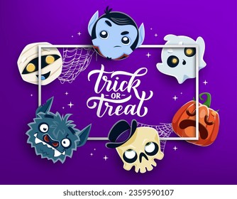 Halloween trick or treat holiday banner with funny emojis of cartoon spooky monsters. Vector cute ghost, pumpkin, skull and mummy, horror dracula vampire and werewolf, Halloween characters poster