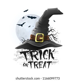 Halloween trick or treat illustration - Witch hat with bats and moon. White background. Vector