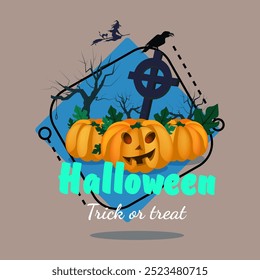 Halloween, Trick or Treat inscription with scary pumpkin lantern. Gravestone, crow, witch flying on broom. Typed text, calligraphy. Celebration, party concept. Vector illustration for banner design