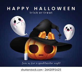 Halloween trick or treat invitation card clipart design. Happy Halloween greeting text clip art with cute pumpkin wearing witch hat and ghost character for horror party invitation card template vector