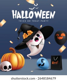 Cartaz clipart de cartão de convite de Halloween Trick or Treat. Halloween convite modelo clip art com fantasma vestindo chapéu bruxa, balão, abóbora e elementos de saco de papel para festa de horror em confete