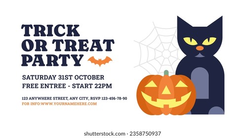 Halloween trick or treat kids party promo banner design template event celebration vector flat illustration. Traditional autumn horror holiday advertising with black cat pumpkin spider net isolated