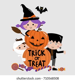 Halloween, trick or treat, kids and pumpkin vector