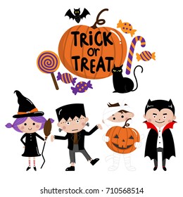 Halloween, trick or treat, kids and pumpkin vector