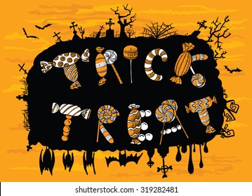 Halloween trick or treat lettering composition. Letters made by candles, lolly pops and other sweets for holidays. Design element for Halloween backgrounds, t-shirts, cards and tags with cemetery