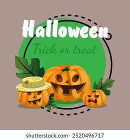 Halloween, Trick or Treat lettering with pumpkin lanterns. Typed text, calligraphy. Holiday, celebration, party concept. Vector illustration for invitation, banner or poster design