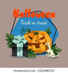 Letras de Halloween, truco o trato con linterna de calabaza, caja de regalo, cráneo y huesos. Texto mecanografiado, caligrafía. Festiva, celebración, concepto de fiesta. Ilustración vectorial para el diseño de la invitación o del Anuncio