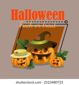 Halloween, Trick or Treat com lanternas de abóbora assustadoras em chapéus velhos. Texto manuscrito, caligrafia. Feriado, celebração, conceito de festa. Ilustração vetorial para convite ou design de banner