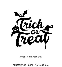 Halloween Trick or treat message vector, and bat pumpkin design isolated on white background, illustration
