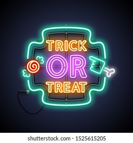 Halloween Trick or Treat neon sign with zombie hand and candy on dark background. Colorful greeting card. Vector poster illustration for your holiday projects in cartoon style.