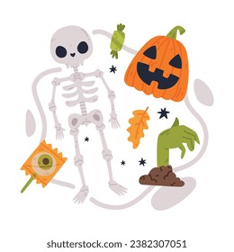 Elemento de fiesta nocturna de truco o truco de Halloween con calabaza, mano zombi e ilustración de vectores de esqueleto