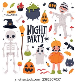 Halloween Trick or Treat Night Party Object and Elements Vector Set